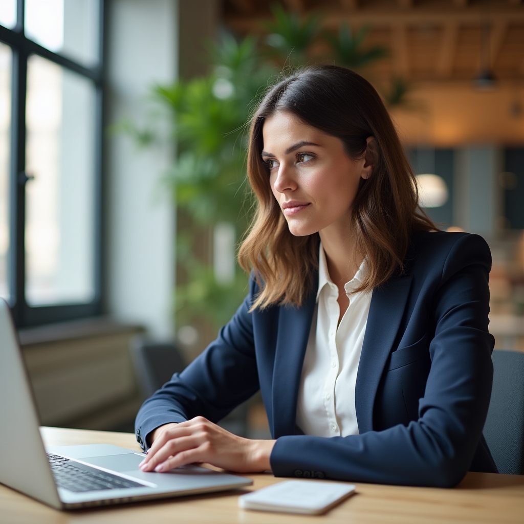 Manager analizând date pe laptop în birou modern
