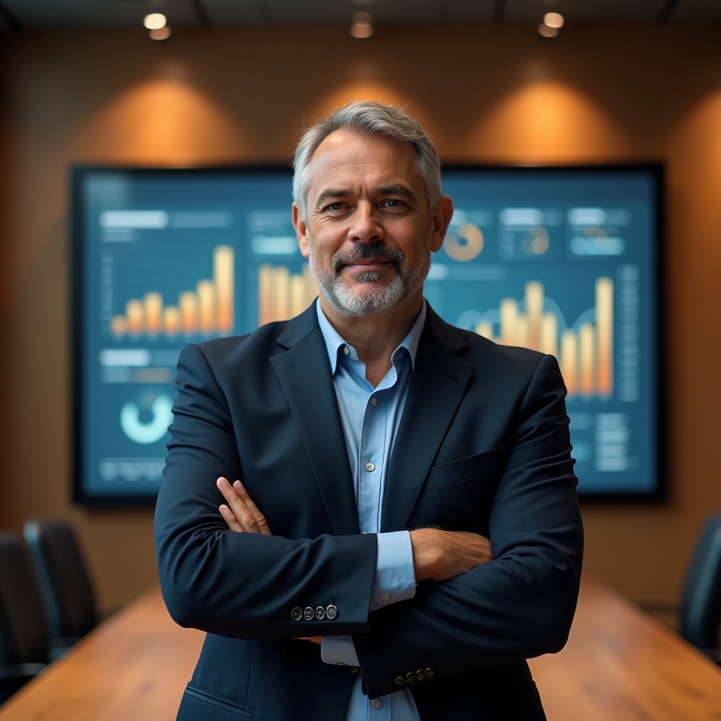 Manager luând o decizie pe baza datelor afișate pe monitor